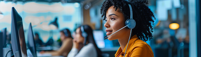 A customer support representative with a headset sitting at a call center desk