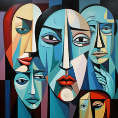 Cubist painting depicting serene, introspective figures in a rich, abstract tapestry