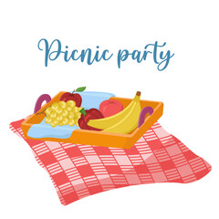 Vector illustration of a tray with picnic food. Colored barbecue card. BBQ elements.