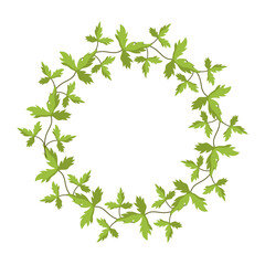 Template for a postcard. Green circle of leaves and branches. Template for the inscription.