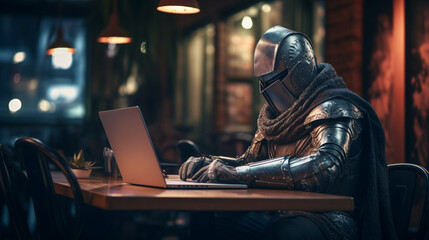 A medieval knight coding on a laptop in a cyberpunk cafe blending chivalry with futuristic technology