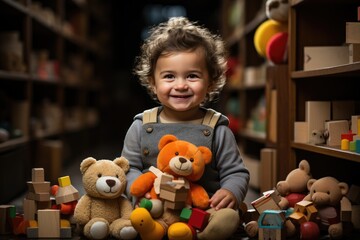 A baby engrossed in play with an educational toy, such as a shape sorter or a colorful activity gym. Surrounding the baby are shelves filled with toys, books, etc.