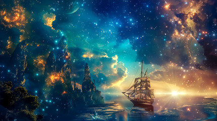 Mystical seascape with sailing ship at twilight - obrazy, fototapety, plakaty