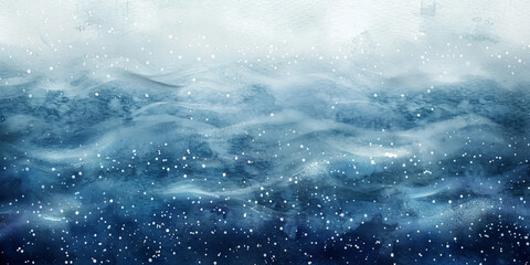 Obraz premium Abstract blue watercolor background with grainy texture, snow falling on the sea level, dark blue wave watercolor, banner, winter landscape