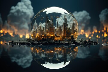 An image of a factory or a power plant surrounded by a transparent sphere. This image represents the need for a net zeco emissions and carbon capture.