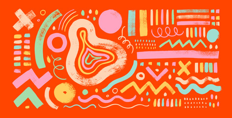 Collection of colorful tribal geometric elements drawn with a brush. Memphis or childish style organic geometric shapes and various lines.