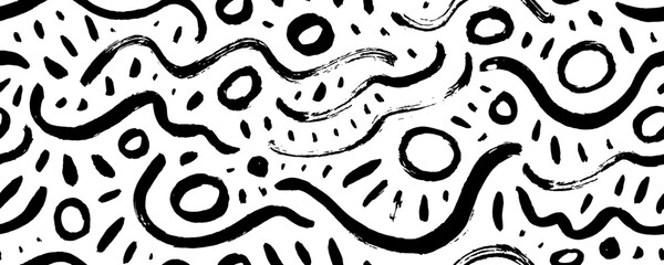 Fun squiggles, circles and brush strokes seamless pattern. Abstract hand drawn doodle shapes.