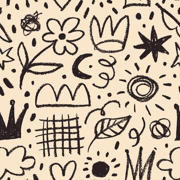 Girly seamless pattern with charcoal drawn elements like heart, flower, crown, stars and doodle shapes.