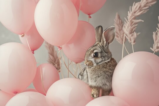 Bunny around balloons. Easter card. Easter illustration with space for text