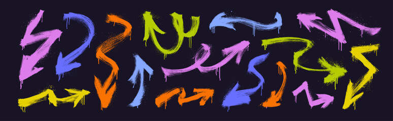Set of colorful graffiti spray arrows in different directions with drips and dry brush texture.