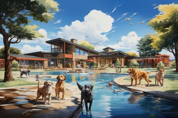 Illustration representing the loving care provided at a Dog Daycare Center. The illustration features a diverse group of dogs, each engaged in various activities.