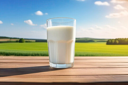 Milk in a glass , stand on the table. a sun rays, cows in a green meadow against a background. The concept and idea of World Milk Day. Space for the text.