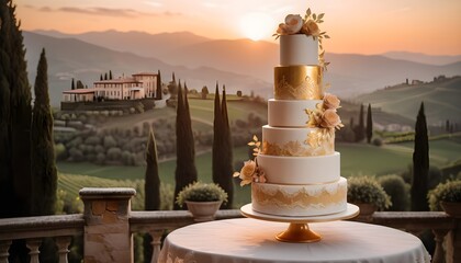 A breathtaking wedding cake featuring tiers adorned with edible gold leaf and intricate sugar lace, bathed in the warm glow of sunset against the backdrop of a picturesque Italian villa surrounded
