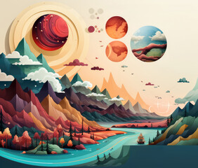 A vibrant illustration featuring mountains, hot air balloons, and flowers, perfect for presentation slides.