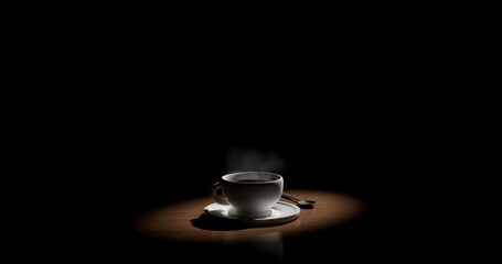 Cup with hot coffee on the table on a black background