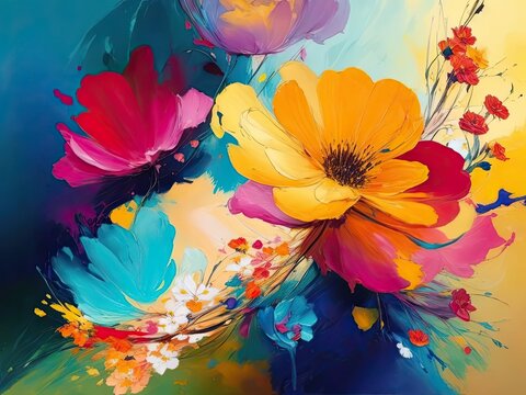 Oil paint strokes in multiple colors, flowers, and an abstract background