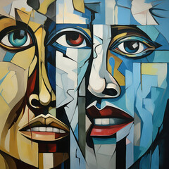 Complex cubist faces in a dynamic array of shades
