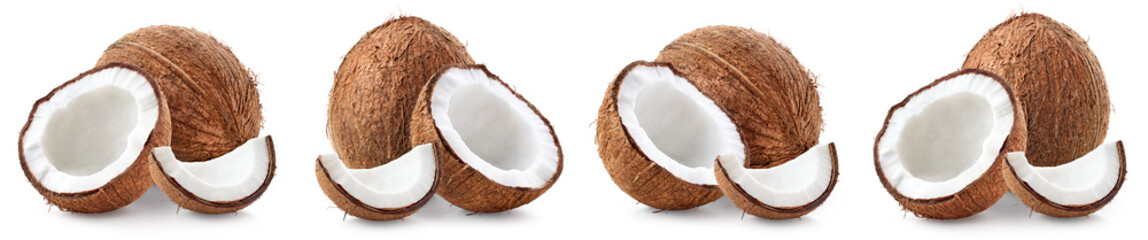 Set of fresh whole and half coconut on white background - 756521347
