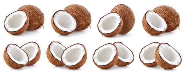 Set of fresh whole and half coconut on white background - 756521351
