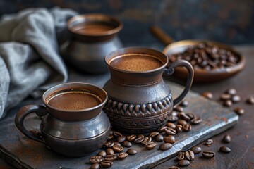Freshly brewed Turkish coffee in a traditional pot, with cups ready to serve