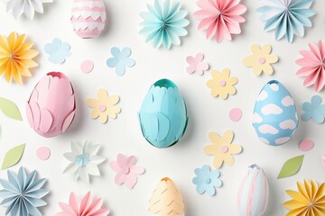 Easter styled paper stickers on white background, pastel colors