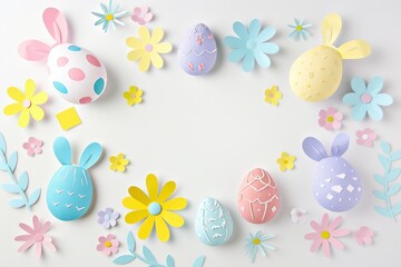 Easter styled paper stickers on white background, space for text, pastel colors