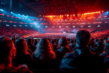 A vibrant, bustling crowd enjoys a captivating live performance in a well-lit arena setting