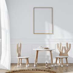 frame mockup in cozy kids room interior, poster mockup, nursery interior frame mockup, 3d render