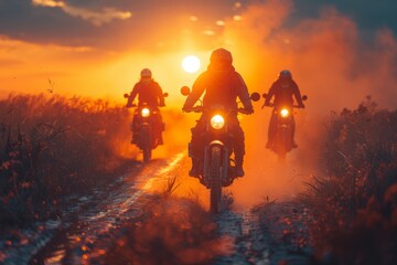A group of motorbike riders trail blazing in a cloud of dust against a dramatic sunset sky, conveying adventure and excitement