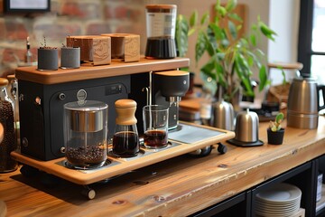 Modern Coffee Brewing Station at Cafe. A contemporary coffee brewing station with various gadgets and greenery in a stylish cafe environment. - obrazy, fototapety, plakaty