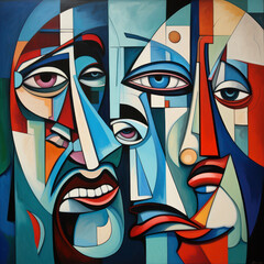 Abstract cubist diptych with enigmatic facial features