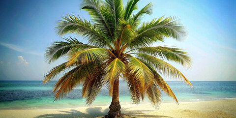 A palm tree on the sandy shore of the ocean sea