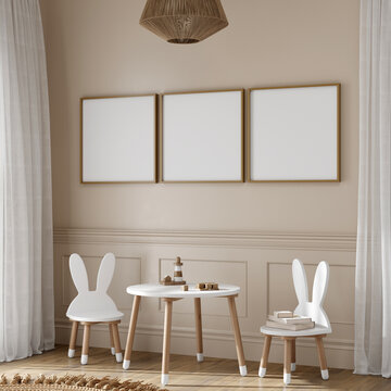 three square frames mockup in cozy kids room interior, poster mockup, nursery interior frame mockup, 3d render