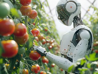 Close-up of Artificial Intelligence Farmer Supervising Tomato Cultivation in Spacious Garden
