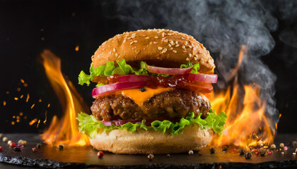Juicy burger in flames - power of flavor - fresh dinner - fast food  - flaming hot sandwich
