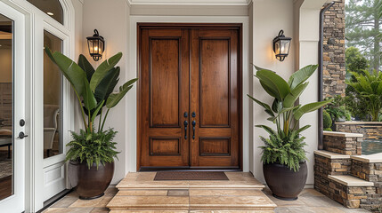 Solid wood doors home front entrance. - obrazy, fototapety, plakaty