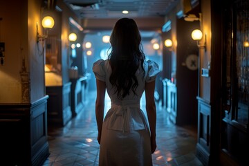 A long-haired woman in white dress stands contemplatively in a dim, atmospheric vintage corridor with warm lighting