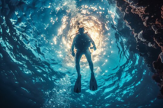 An impactful image showing a diver ascending towards the water's surface, illuminated by sunlight