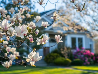 beautiful magnolia tree in bloom in the suburb area