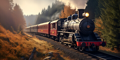 Train moving, old steam locomotive,A train traveling down train tracks next to a lush green field, show train moving, Front View Train Steam Locomotive, Generative AI 