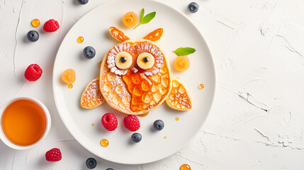 pancakes in the shape of an owl decorated with raspberries and blueberries and honey on a white...