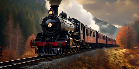 Steam Powered Train, steam train in the forest, A train on the tracks with the word steam on it, Classic Steam Locomotive in Scenic Setting, Generative AI - obrazy, fototapety, plakaty