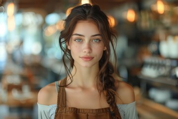 A young woman with intense blue eyes wearing overalls in a modern café