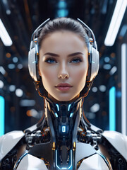 A futuristic humanoid gazes into the camera, blending human and robotic features seamlessly.
