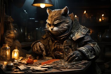 Whiskered merchant of the night: fantasy game cat with illicit wares. - obrazy, fototapety, plakaty