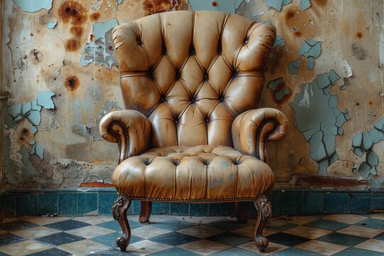 Classic tufted wingback chair stands against a rustic wall with peeling blue paint, portraying elegance amid decay