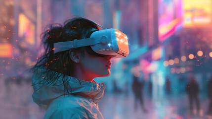 Young woman wearing white augmented, virtual reality glasses against the backdrop of a blurry, foggy modern city with neon signs and fluorescent lighting copy space.