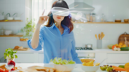 a woman in white augmented virtual reality glasses gesticulates with her hands while controlling a virtual screen while standing in her home kitchen.