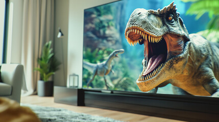The screen of a large modern TV with a hyper realistic 3D film with a dinosaur that climbs out of...