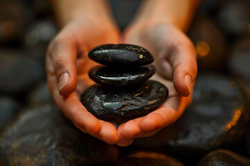 The two hands hold three black stones that are placed on top of each other. Generative AI - Powered by Adobe